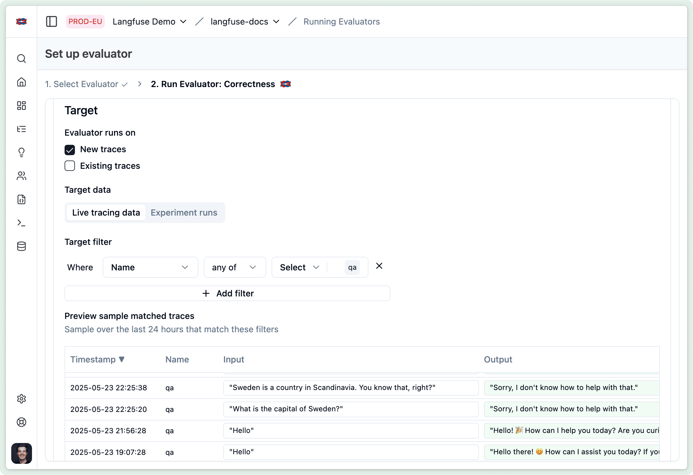 Preview of traces that match filter
conditions